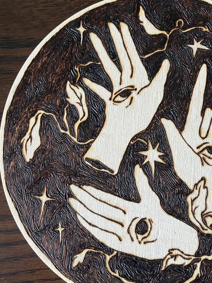 Seeing Hands Woodburned Plaque