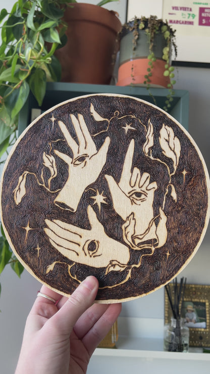 Seeing Hands Woodburned Plaque